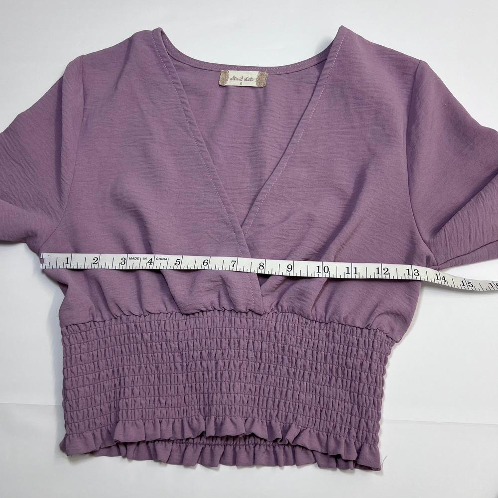Altar'd State Crop Top Small Purple V Neckline Smocked Waist Ruffle Long Sleeve - Picture 6 of 12